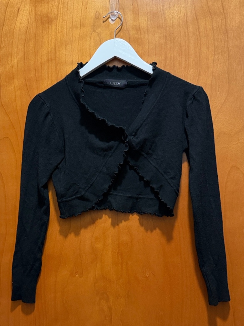 Black Ruffle-Trim Cropped Cardigan